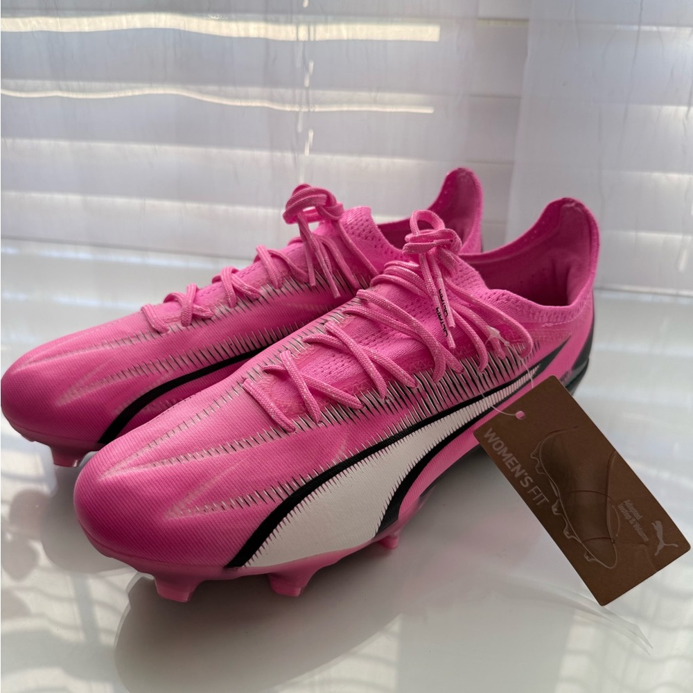 Puma Women's Bright Pink Soccer Cleats with White and Black Accents